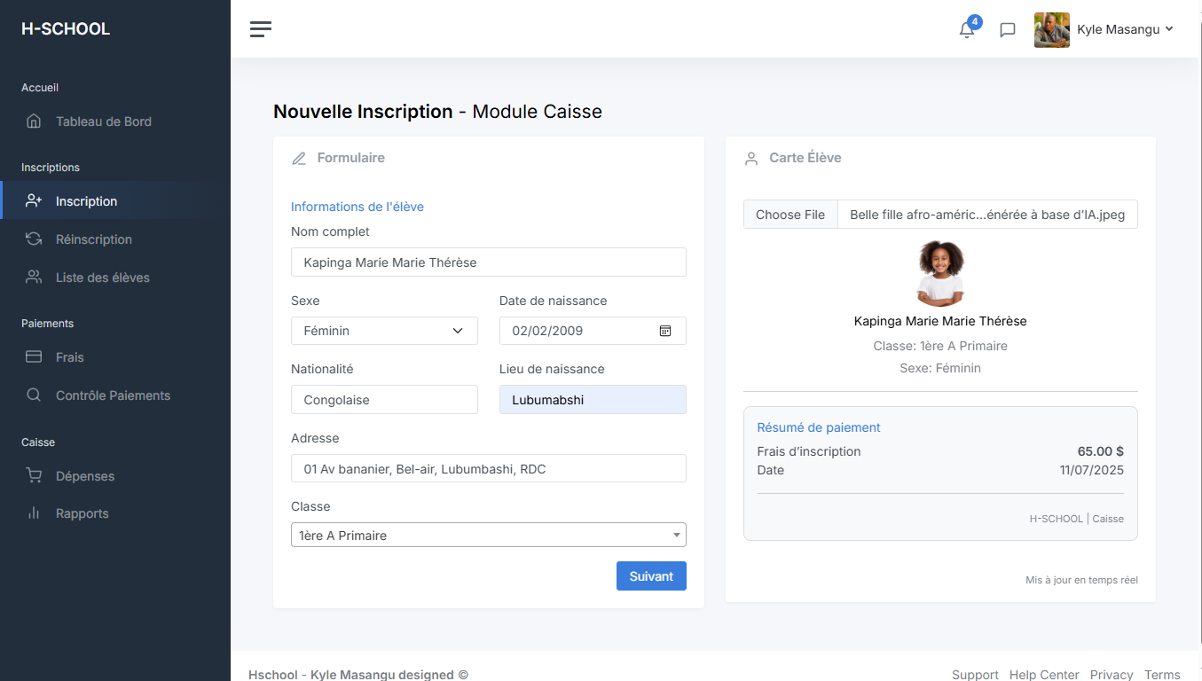 Écran H-SCHOOL pour une nouvelle inscription et la carte élève